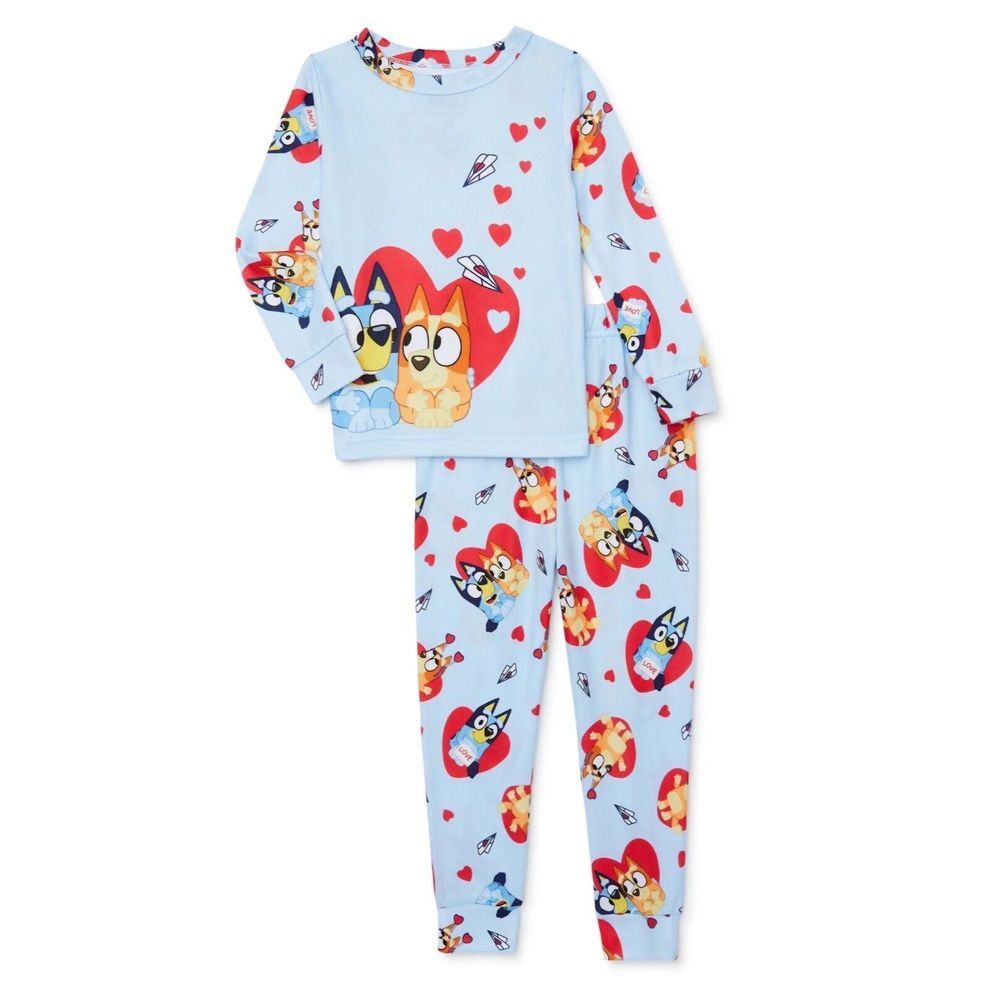 New Bluey 4T Toddler Unisex Valentine Hearts 2-Piece Pajama Set Blue Long Sleeve